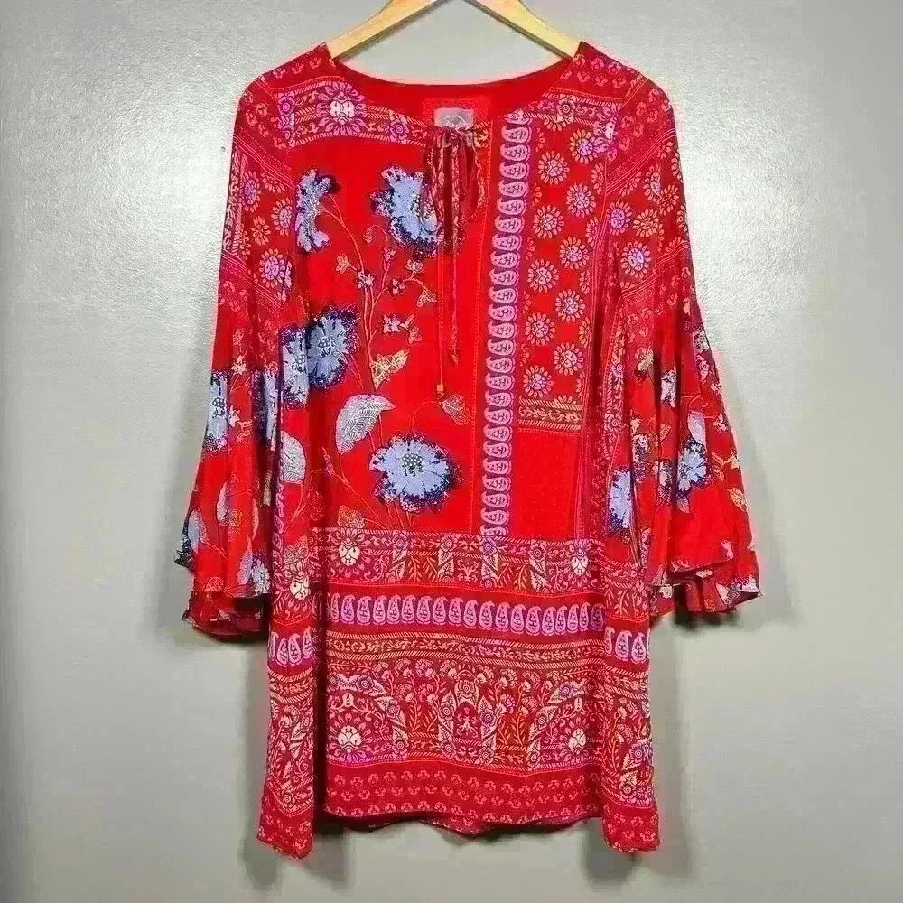 VANESSA VIRGINIA Red Bell Sleeve 100% Silk Peasant Dress Flowy Relaxed Women 4P